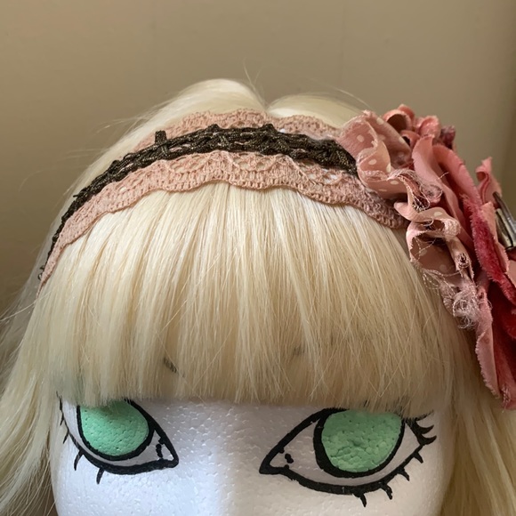 Handmade art deco - pink headband with antique flowers - Picture 4 of 7